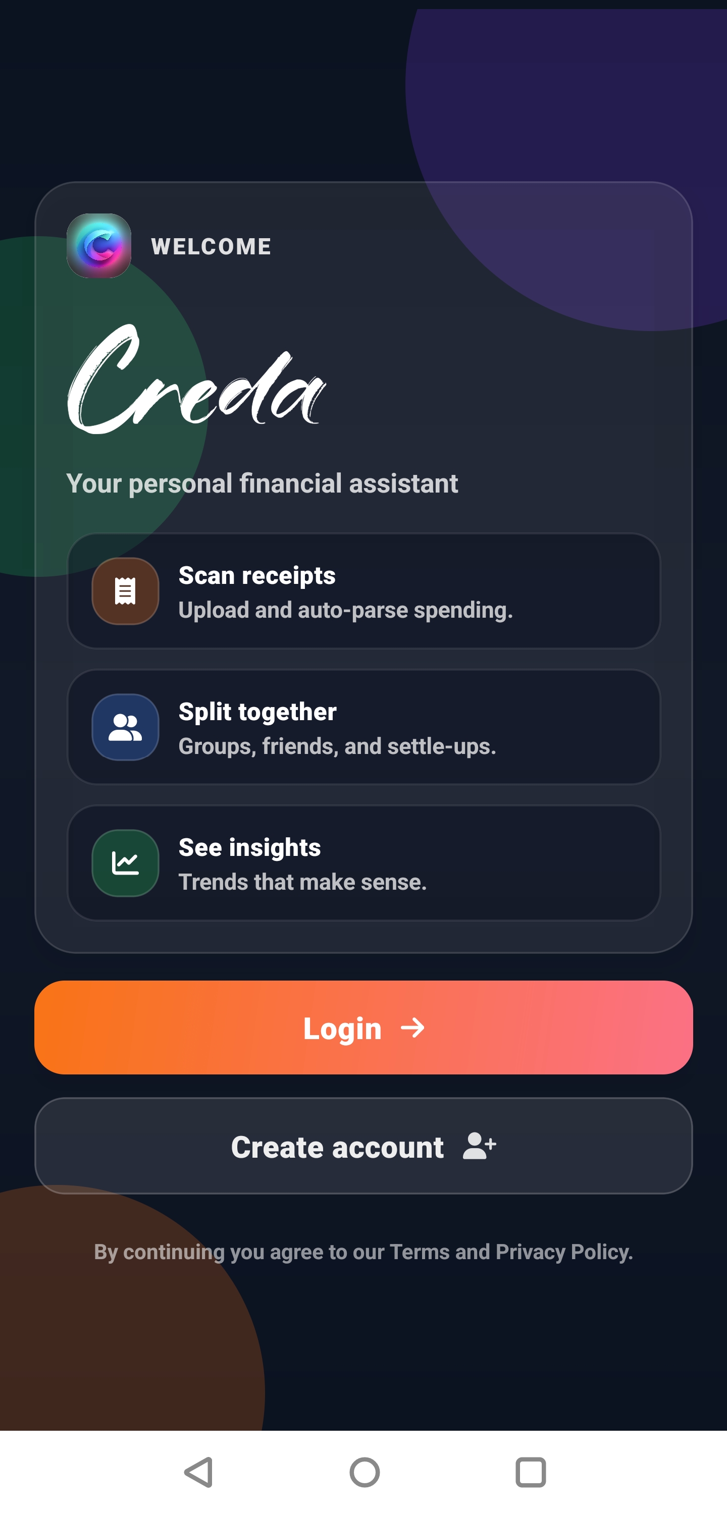 Creda AI app home screen